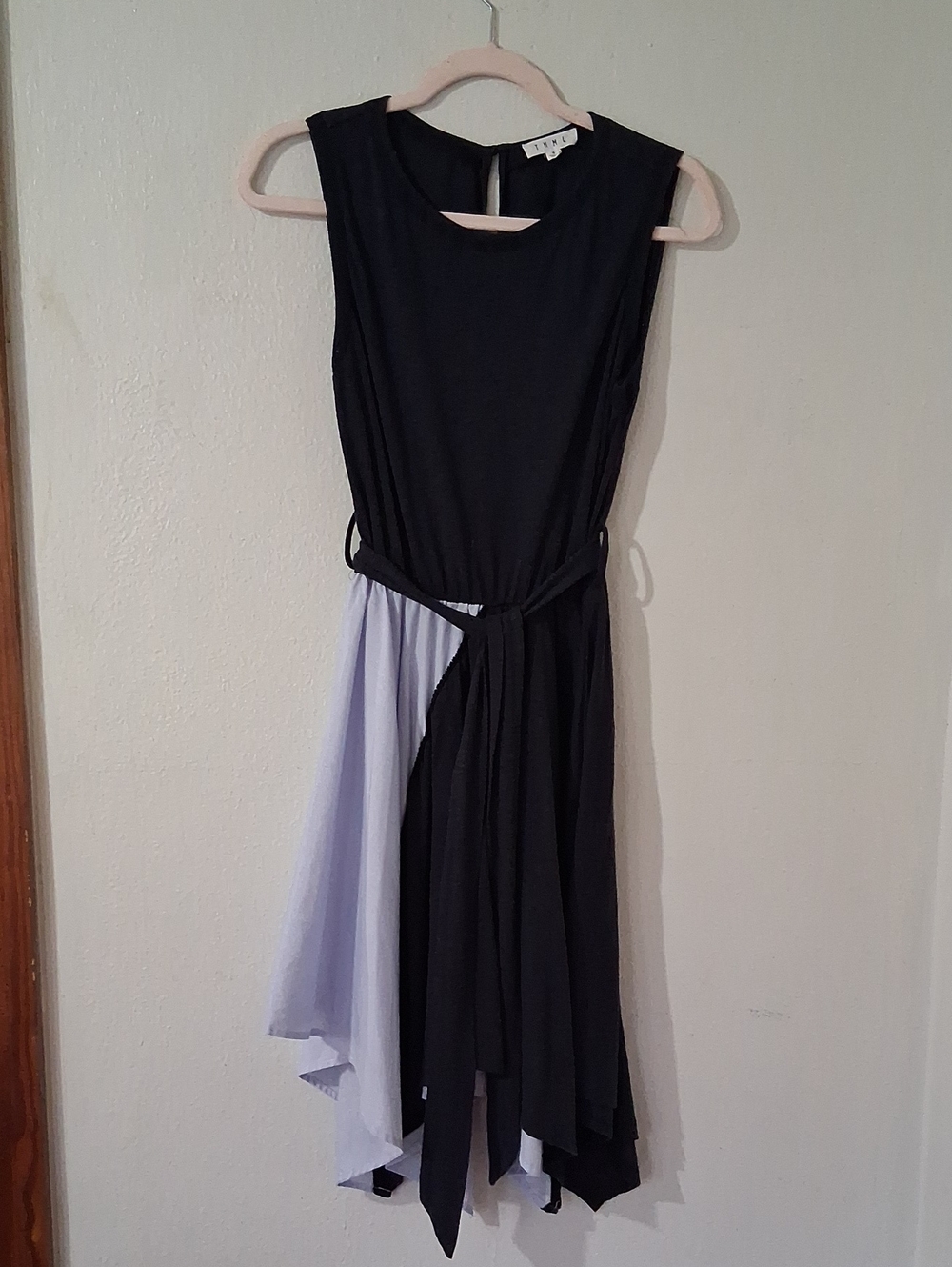 THML Navy and Light Blue Asymmetrical Tie-Waist Dress